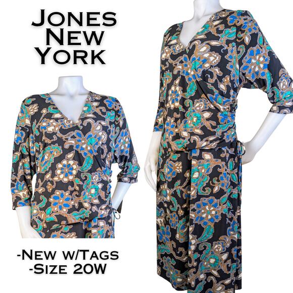 NEW Jones New York Metropolis Faux Wrap Ruched 3/4 Sleeve Flowy Career Dress 20W - Picture 1 of 11